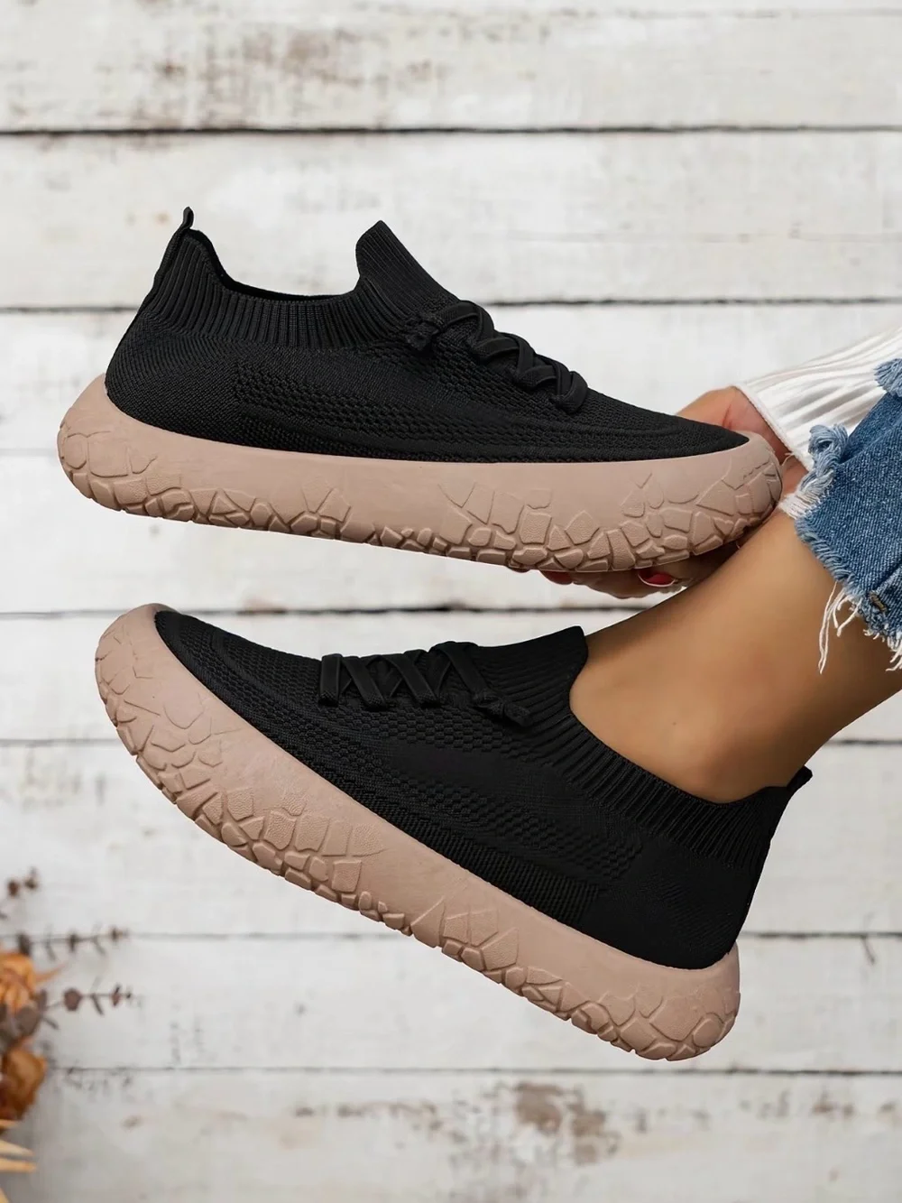 Women’s Black Knit Slip-On Sneakers with Beige Sole